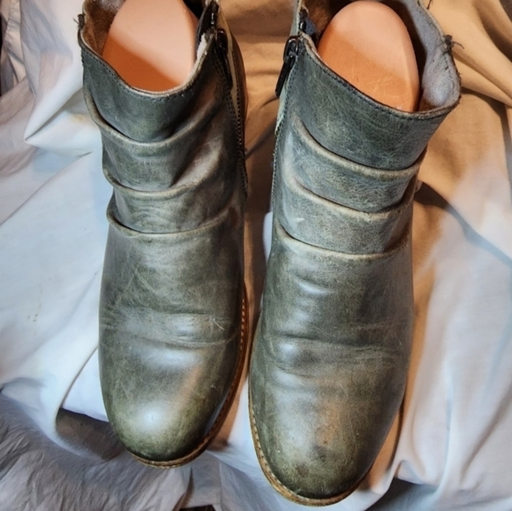 CAT Mixed Media Moto Ankle Boots Distressed Faux Leather Canvas Block Heel 8 - Picture 9 of 15